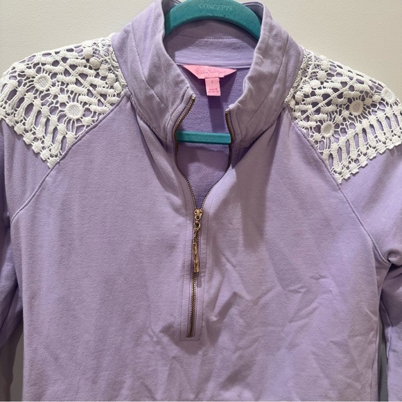 Lily Pulitzer Lavendar 1/4 Zip sweatshirt, size small, EUC, lace detail on arm - Picture 4 of 6